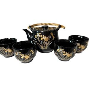 Vintage Japanese Tea Set Black Gold Iris Floral Dragonfly 5 Piece Tea Pot 4 cups